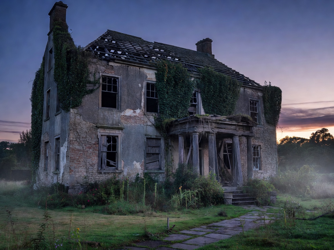 Dilapidated historical manor house at dusk