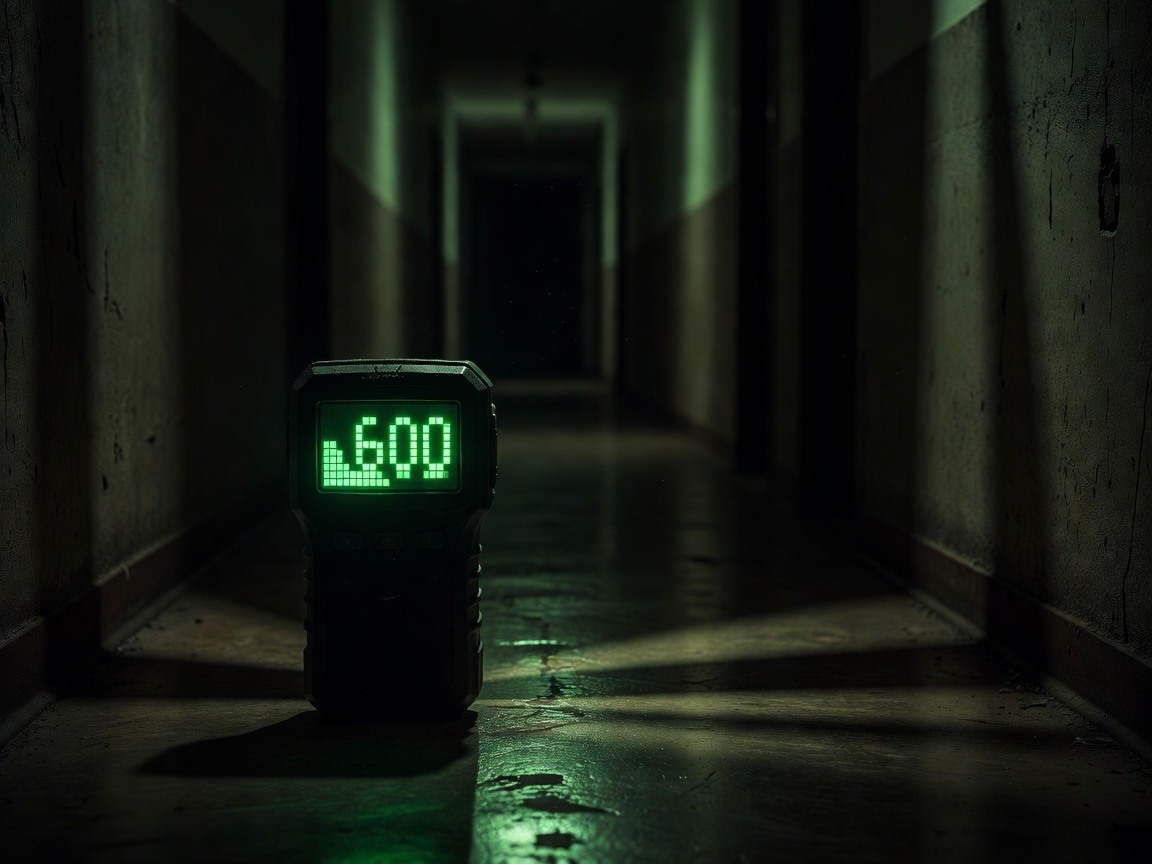 Electromagnetic field meter reading in a dark corridor