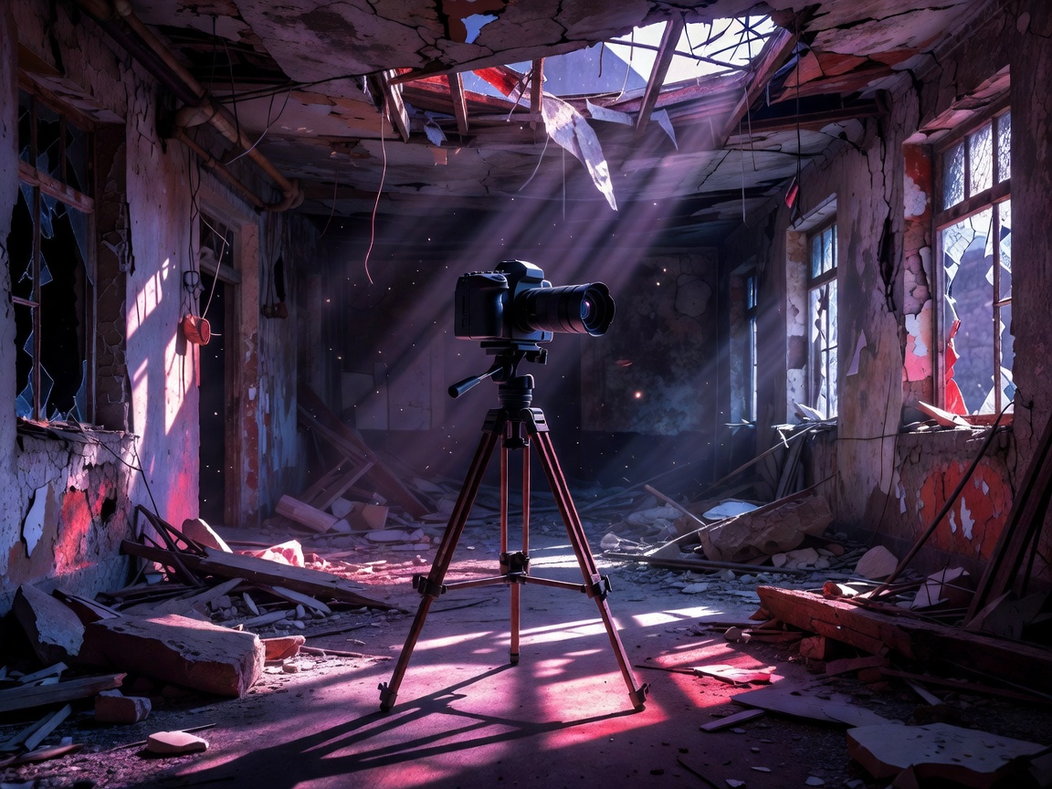 Full spectrum camera mounted on a tripod in a ruined building