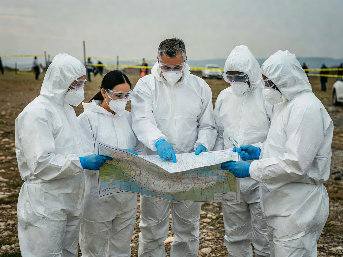 Investigation team wearing protective gear reviewing a map